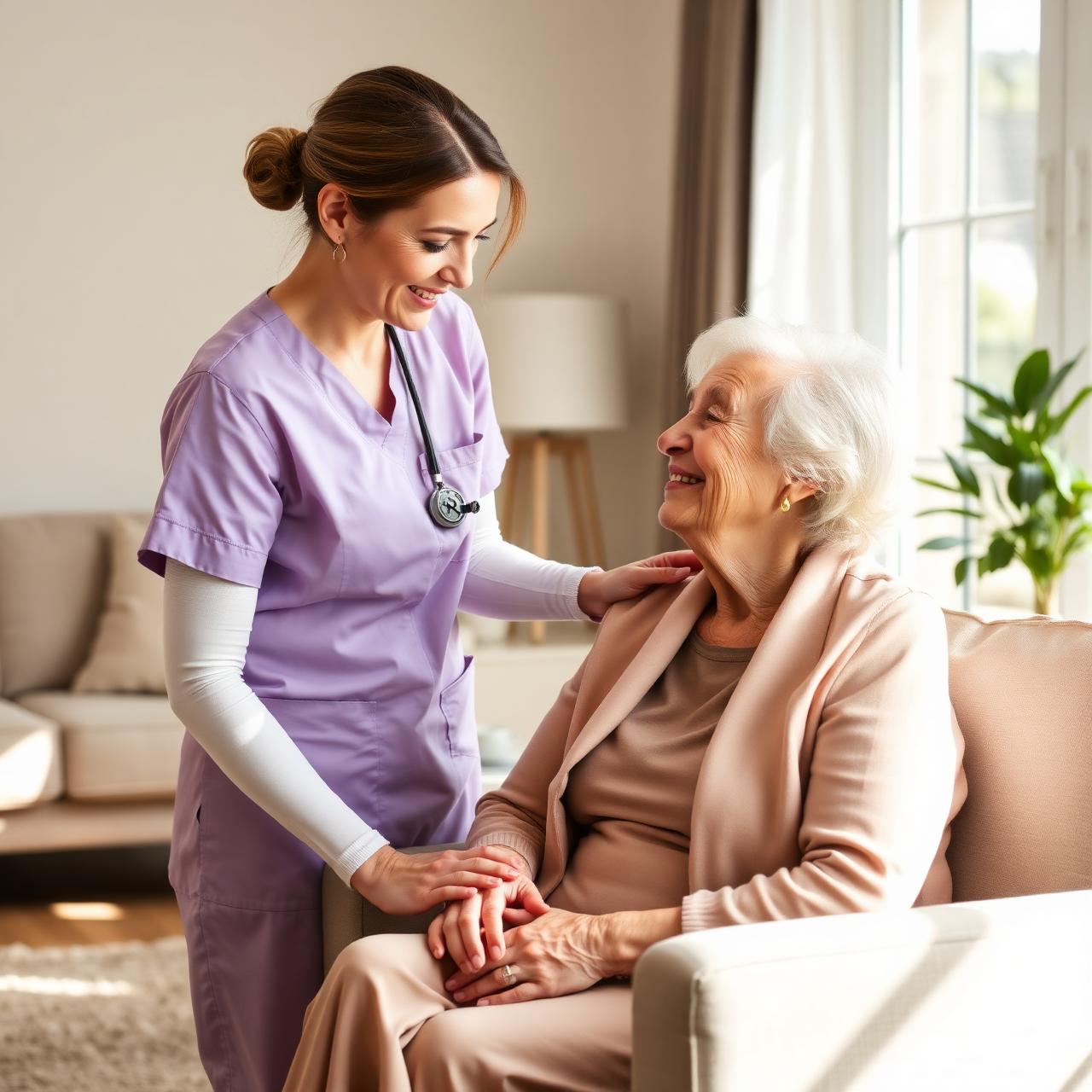 Compassionate caregiver assisting an elderly woman